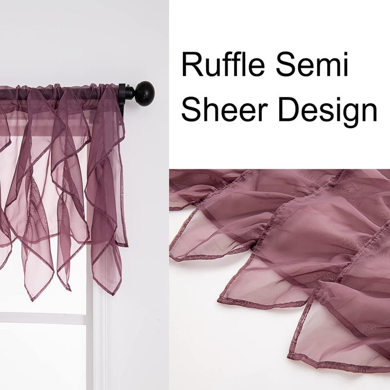 PearAge Ruffled Voile Semi Sheer Curtain Valance, Kitchen Living Room Shabby Chic Ruffle Valance Curtains, Girls Daughters Bedroom Cascade Window Valance Dark Purple 50x16 Inches - Image 4